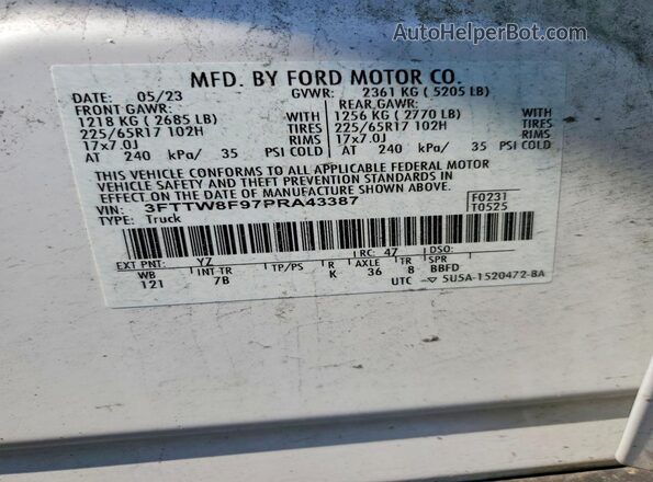 3FTTW8F97PRA43387 2023 FORD MAVERICK White Widok naklejki z numerem VIN