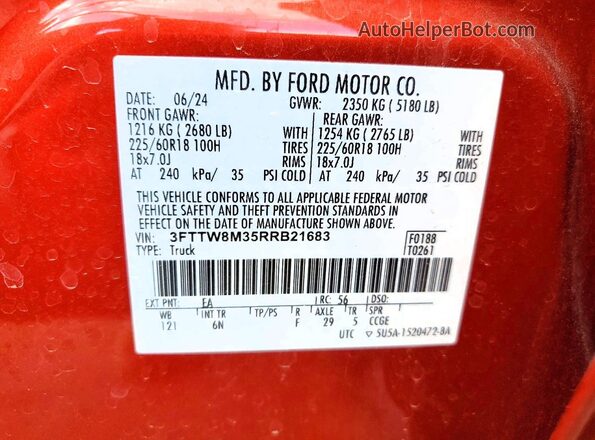 3FTTW8M35RRB21683 2024 FORD MAVERICK Оранжевый Вид наклейки с VIN-кодом