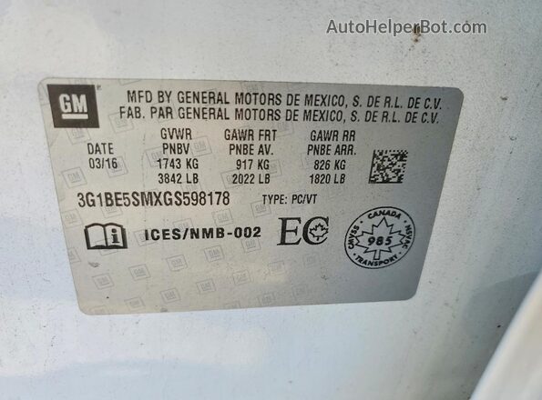 3G1BE5SMXGS598178 2016 CHEVROLET CRUZE Белый Вид подкапотного пространства