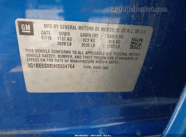 3G1BE6SM5HS504764 2017 CHEVROLET CRUZE Blue Вид підкапотного простору
