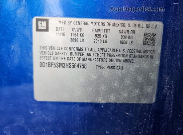 3G1BF5SM3HS564758 2017 CHEVROLET CRUZE Синий Вид подкапотного пространства