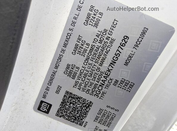 3GCNAAEK7NG577629 2022 CHEVROLET SILVERADO White VIN կոդի պիտակի տեսք