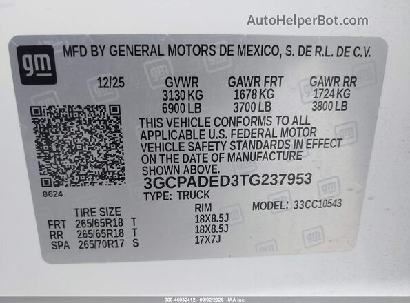 3GCPADED3TG237953 2026 CHEVROLET SILVERADO White Շարժիչի բաժամունքի տեսք