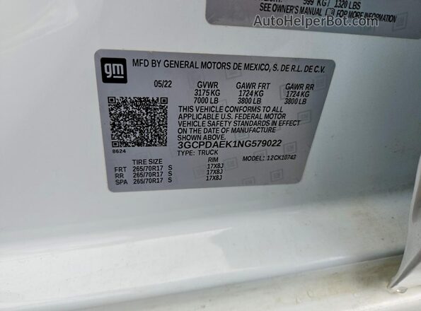3GCPDAEK1NG579022 2022 CHEVROLET SILVERADO White ძრავის განყოფილების ხედი