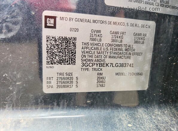 3GCPYBEK7LG383741 2020 CHEVROLET SILVERADO Gray VIN sticker view