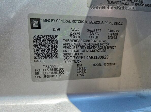 3GCPYFEL4MG180923 2021 CHEVROLET SILVERADO Silver Вид наклейки з VIN-кодом