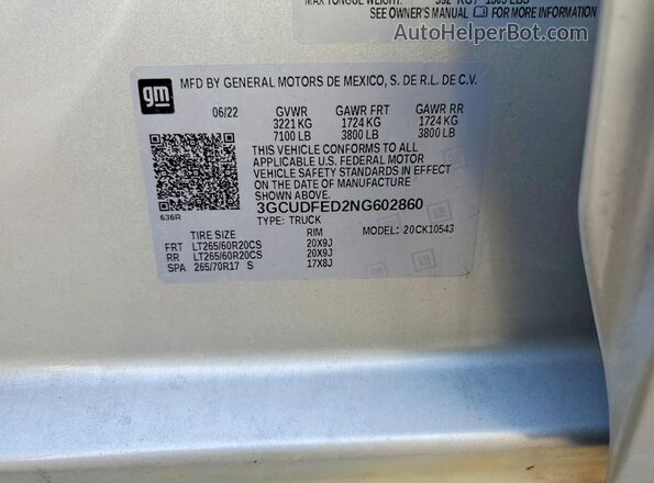 3GCUDFED2NG602860 2022 CHEVROLET SILVERADO Серебряный Вид наклейки с VIN-кодом