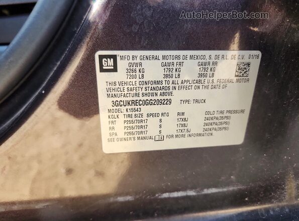 3GCUKREC0GG209229 2016 CHEVROLET SILVERADO Gray VIN კოდის სტიკერის ხედი