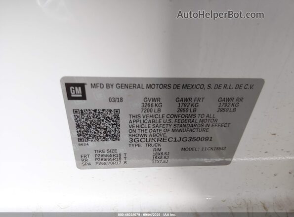 3GCUKREC1JG350091 2018 CHEVROLET SILVERADO White Շարժիչի բաժամունքի տեսք