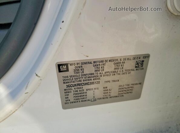 3GCUKREC5HG386120 2017 CHEVROLET SILVERADO White VIN კოდის სტიკერის ხედი