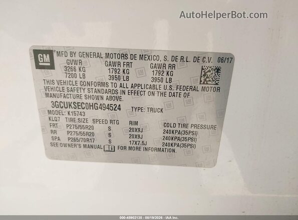 3GCUKSEC0HG494524 2017 CHEVROLET SILVERADO White Vista del compartimento del motor