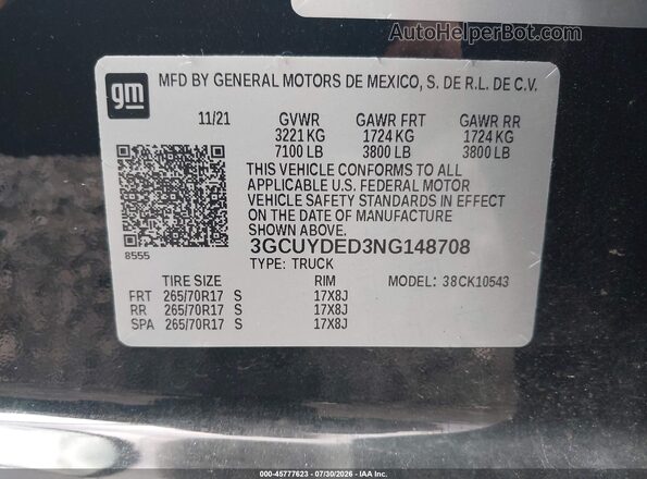 3GCUYDED3NG148708 2022 CHEVROLET SILVERADO Черный Вид подкапотного пространства