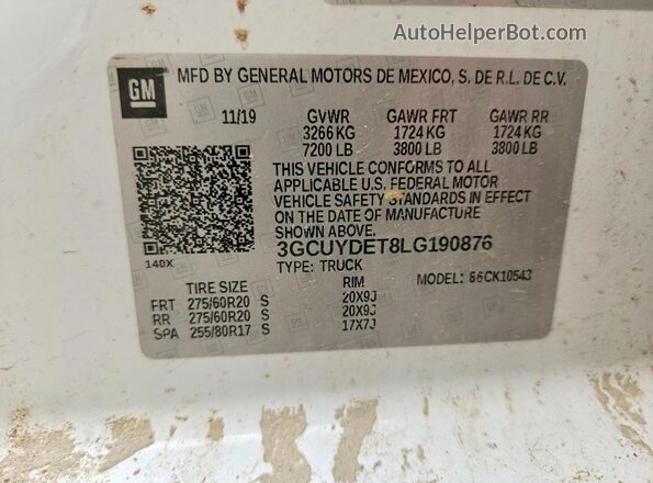 3GCUYDET8LG190876 2020 CHEVROLET SILVERADO White Շարժիչի բաժամունքի տեսք