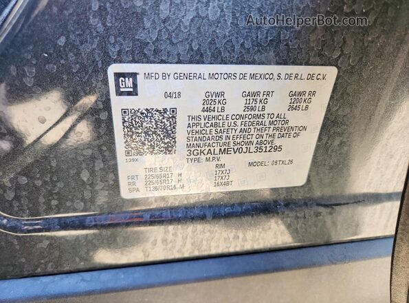 3GKALMEV0JL351295 2018 GMC TERRAIN Gray VIN კოდის სტიკერის ხედი