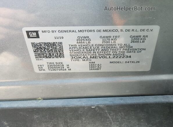 3GKALMEV0LL222234 2020 GMC TERRAIN Gray Панорамний вид салону 360°
