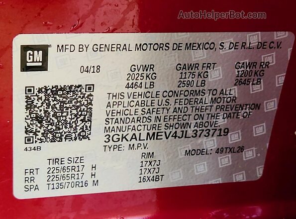 3GKALMEV4JL373719 2018 GMC TERRAIN Темно-бордовый Вид наклейки с VIN-кодом