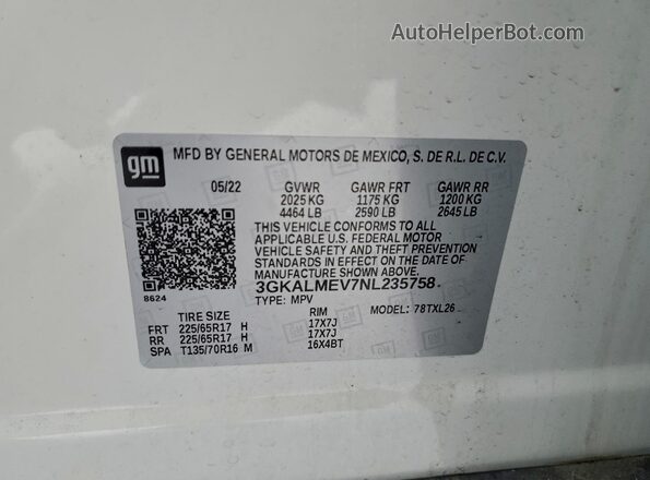 3GKALMEV7NL235758 2022 GMC TERRAIN White VIN კოდის სტიკერის ხედი