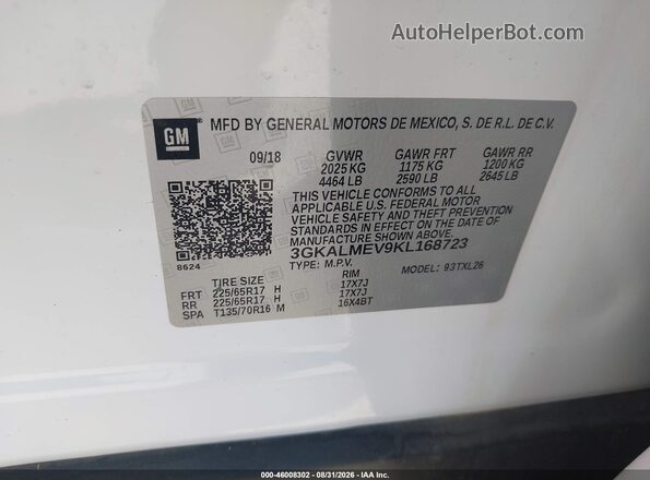 3GKALMEV9KL168723 2019 GMC TERRAIN White Vista del compartimento del motor