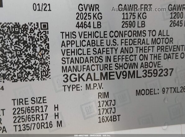 3GKALMEV9ML359237 2021 GMC TERRAIN Белый Вид подкапотного пространства