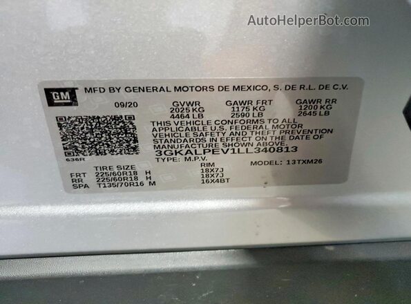 3GKALPEV1LL340813 2020 GMC TERRAIN Silver Vista del compartimento del motor
