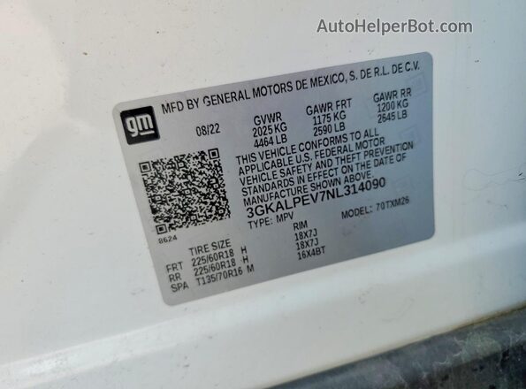 3GKALPEV7NL314090 2022 GMC TERRAIN White Вид наклейки з VIN-кодом
