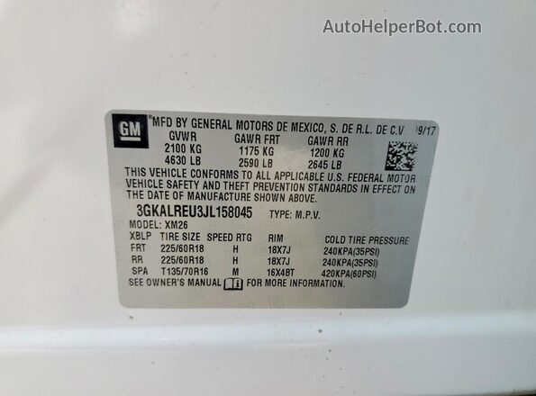 3GKALREU3JL158045 2018 GMC TERRAIN White Вид наклейки з VIN-кодом