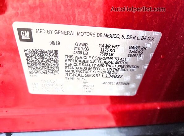 3GKALSEX9LL134837 2020 GMC TERRAIN Red Вид наклейки з VIN-кодом