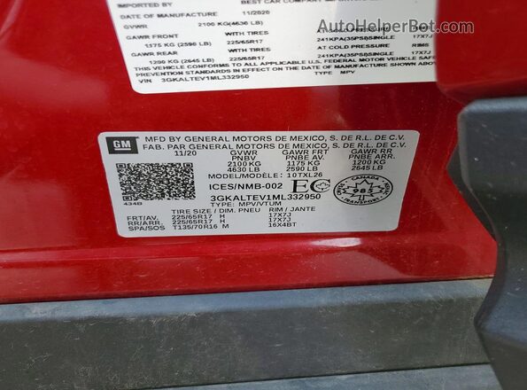 3GKALTEV1ML332950 2021 GMC TERRAIN Red Widok naklejki z numerem VIN