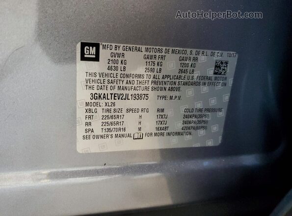 3GKALTEV2JL193875 2018 GMC TERRAIN Gray VIN კოდის სტიკერის ხედი