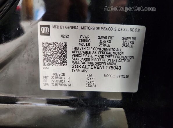 3GKALTEV6NL178043 2022 GMC TERRAIN Черный Вид наклейки с VIN-кодом