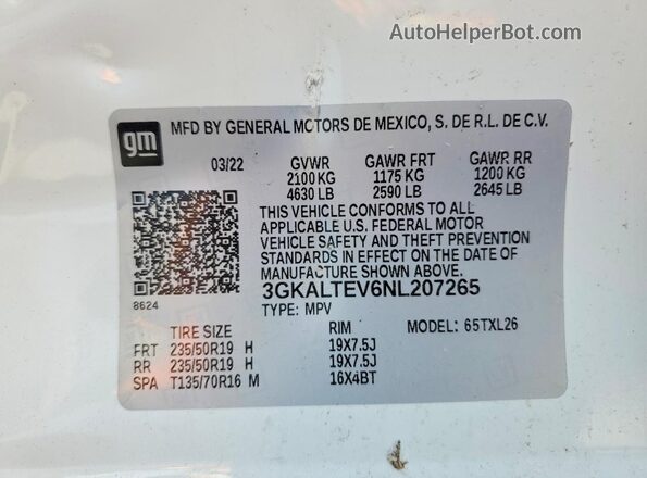 3GKALTEV6NL207265 2022 GMC TERRAIN White VIN კოდის სტიკერის ხედი