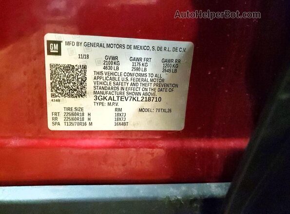 3GKALTEV7KL218710 2019 GMC TERRAIN Red Панорамний вид салону 360°