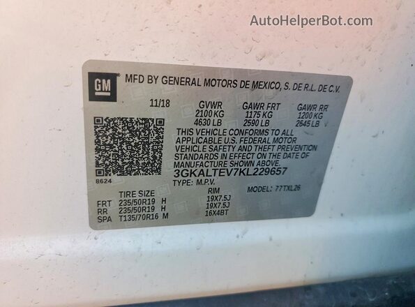 3GKALTEV7KL229657 2019 GMC TERRAIN White Vista de la etiqueta del VIN