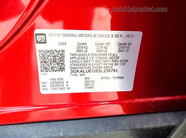 3GKALUEG9SL239761 2025 GMC TERRAIN Красный Вид наклейки с VIN-кодом