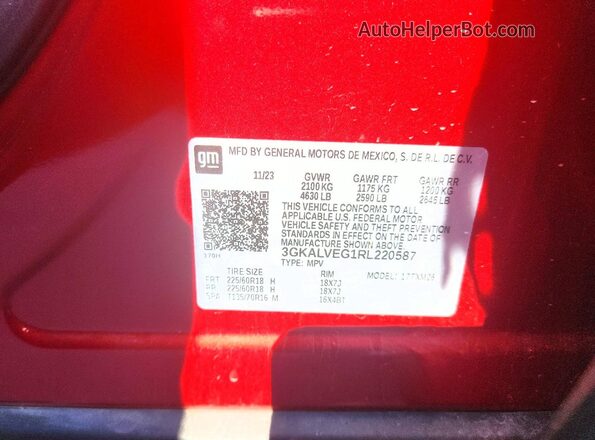 3GKALVEG1RL220587 2024 GMC TERRAIN Red Widok naklejki z numerem VIN