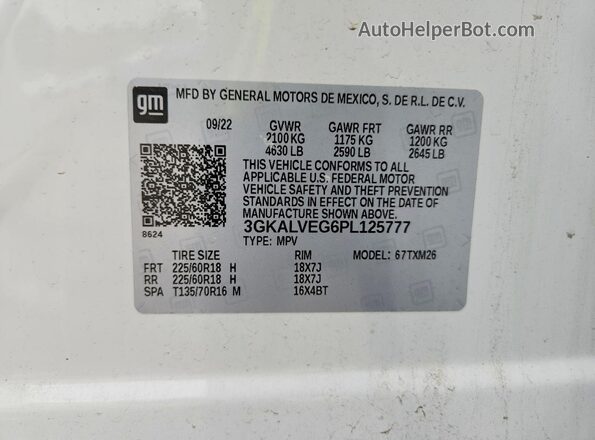 3GKALVEG6PL125777 2023 GMC TERRAIN Белый Вид наклейки с VIN-кодом