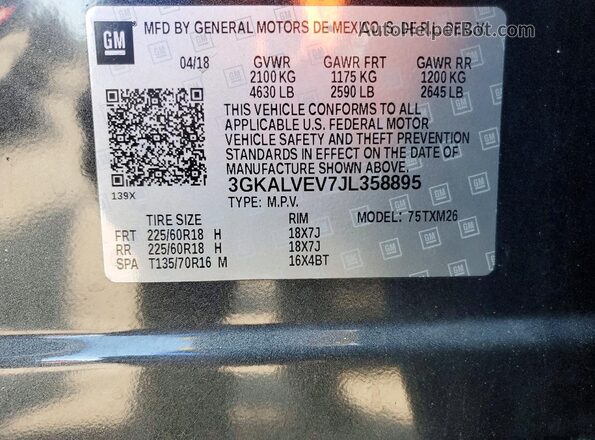 3GKALVEV7JL358895 2018 GMC TERRAIN Gray VIN կոդի պիտակի տեսք