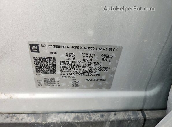 3GKALVEV7KL201398 2019 GMC TERRAIN Silver VIN կոդի պիտակի տեսք