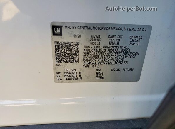 3GKALVEV7ML305778 2021 GMC TERRAIN White Widok wnętrza 360 stopni