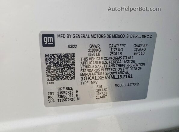 3GKALXEV4NL192191 2022 GMC TERRAIN White Widok naklejki z numerem VIN