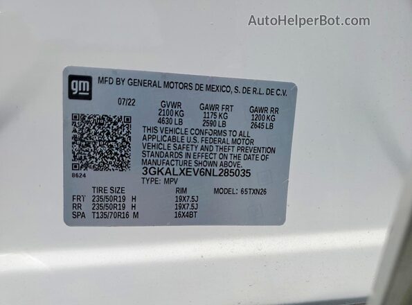 3GKALXEV6NL285035 2022 GMC TERRAIN White Widok naklejki z numerem VIN