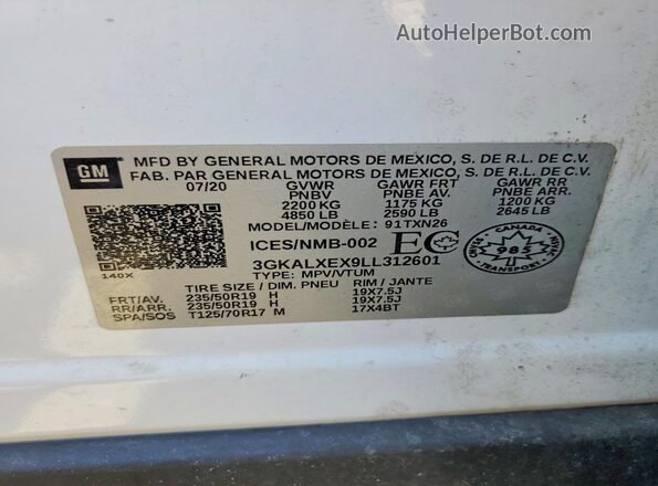 3GKALXEX9LL312601 2020 GMC TERRAIN White Widok naklejki z numerem VIN