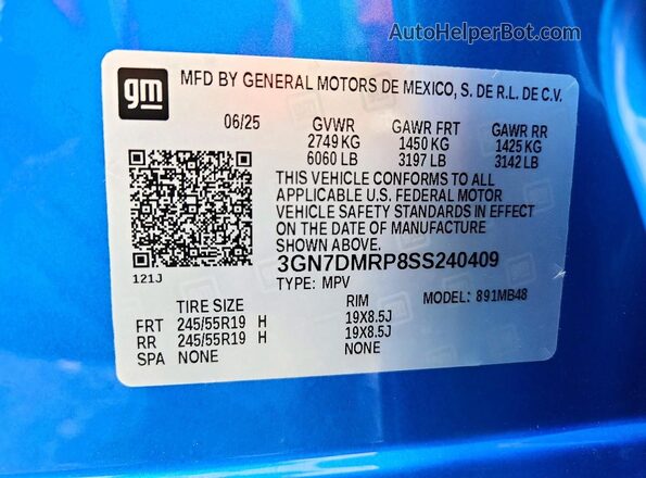3GN7DMRP8SS240409 2025 CHEVROLET EQUINOX Blue Widok naklejki z numerem VIN