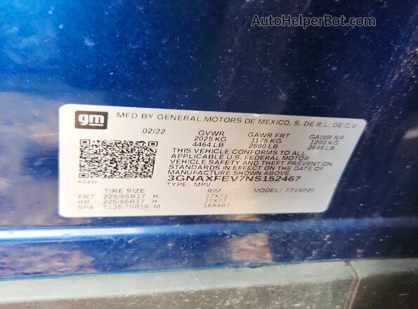 3GNAXFEV7NS152467 2022 CHEVROLET EQUINOX Blue Widok naklejki z numerem VIN