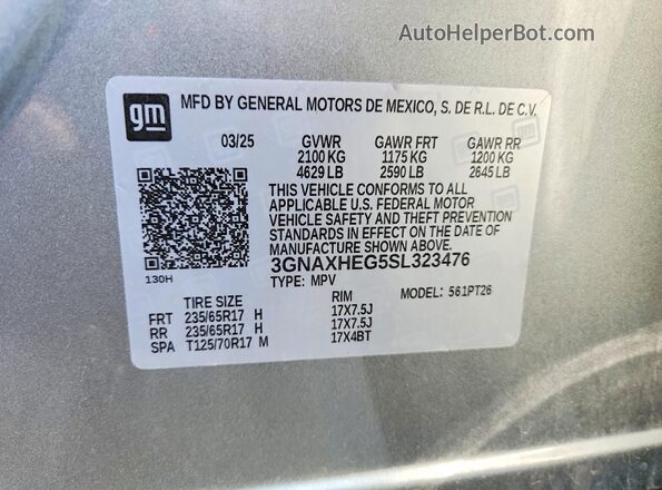 3GNAXHEG5SL323476 2025 CHEVROLET EQUINOX Silver Вид наклейки з VIN-кодом