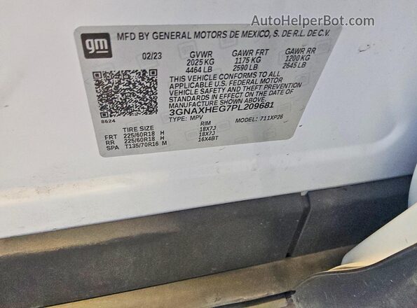 3GNAXHEG7PL209681 2023 CHEVROLET EQUINOX White Вид наклейки з VIN-кодом
