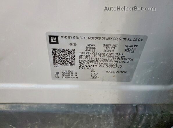 3GNAXHEV2LS681740 2020 CHEVROLET EQUINOX Silver Widok wnętrza 360 stopni