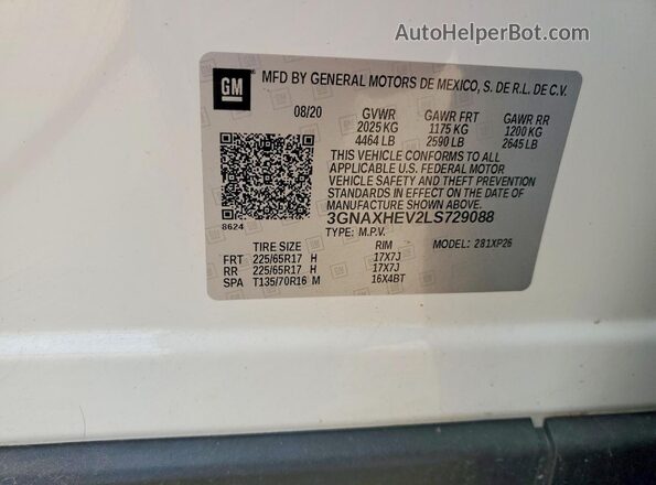 3GNAXHEV2LS729088 2020 CHEVROLET EQUINOX Белый Вид наклейки с VIN-кодом