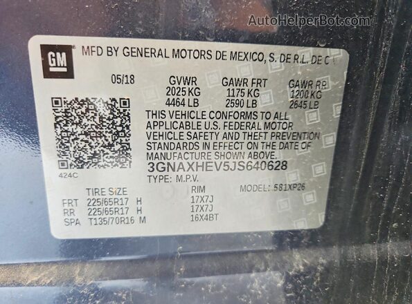 3GNAXHEV5JS640628 2018 CHEVROLET EQUINOX Blue Widok naklejki z numerem VIN