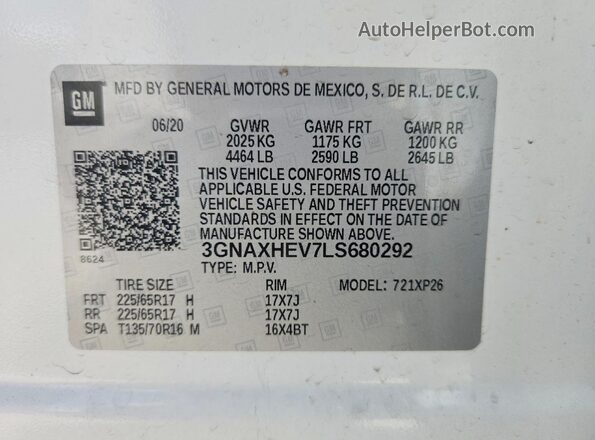 3GNAXHEV7LS680292 2020 CHEVROLET EQUINOX White Vista de la etiqueta del VIN